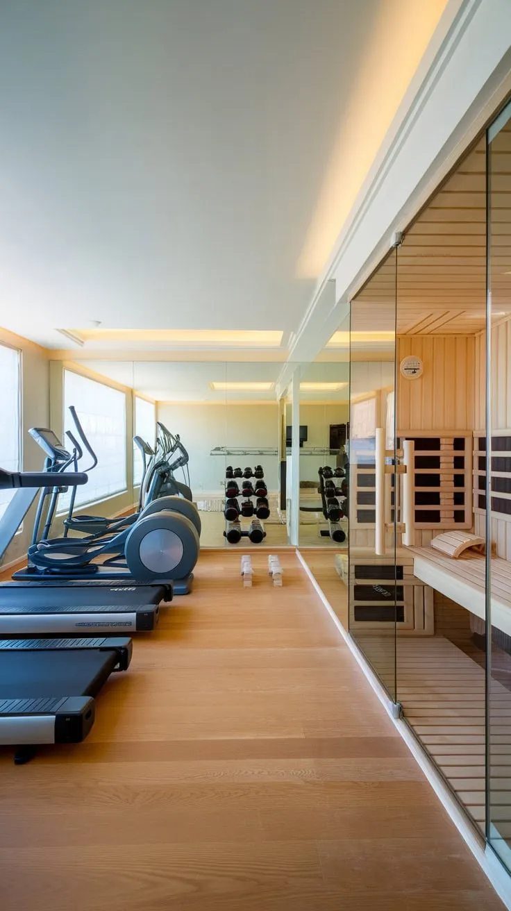 Indulge in ultimate fitness and relaxation with a luxurious home gym featuring state-of-the-art equipment and a rejuvenating sauna