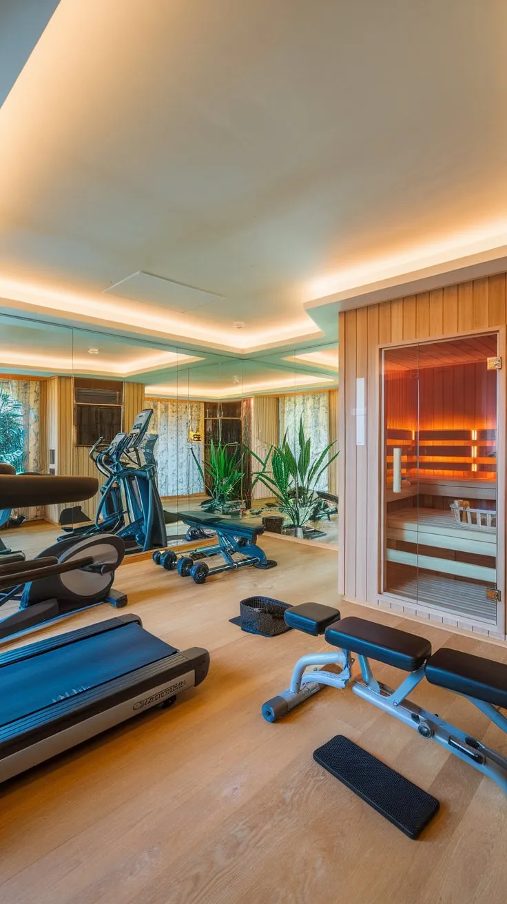 Indulge in ultimate fitness and relaxation with a luxurious home gym featuring a sauna, top-of-the-line equipment, and a tranquil atmosphere