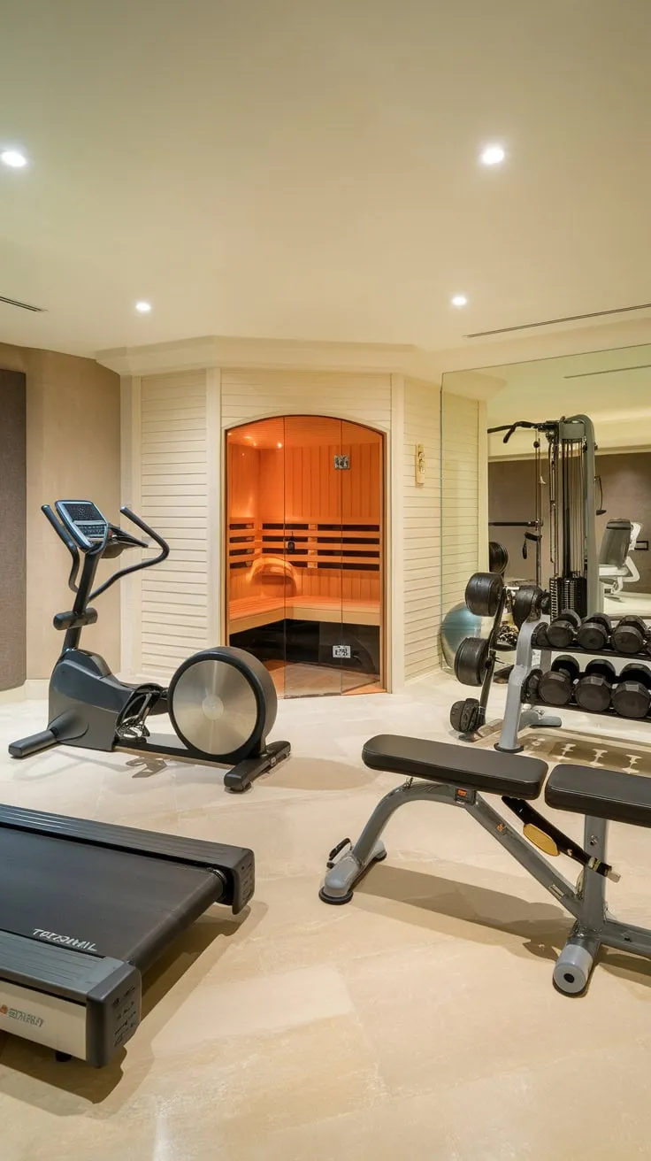 Upgrade your wellness routine with a luxurious home gym featuring a sauna and top-tier equipment