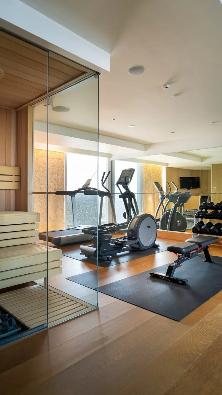 Indulge in ultimate fitness and relaxation with a luxurious home gym seamlessly integrated with a private sauna.