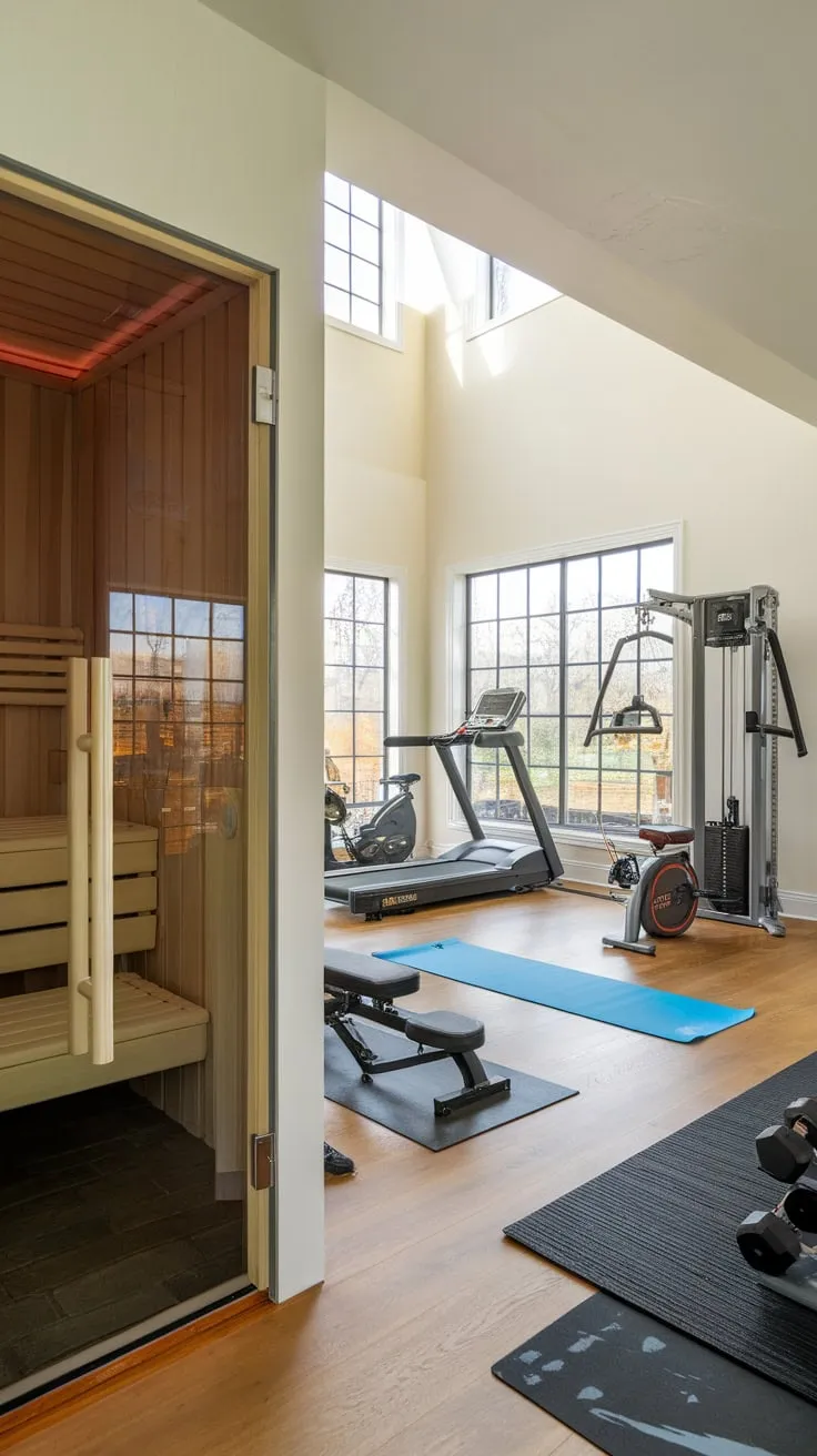 Escape to your personal wellness sanctuary a home gym and sauna seamlessly blending fitness and relaxation.