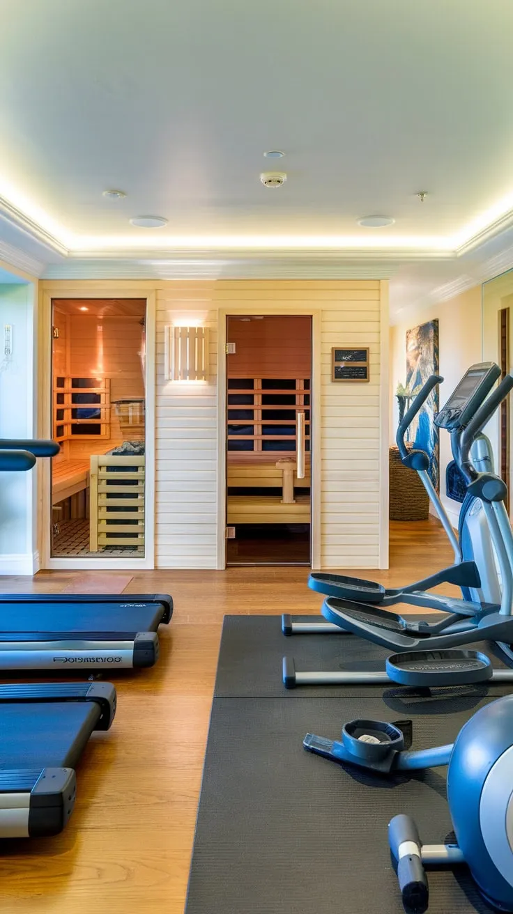 Indulge in ultimate fitness and relaxation in a stunning home gym complete with a sauna, providing a sanctuary for body and mind.