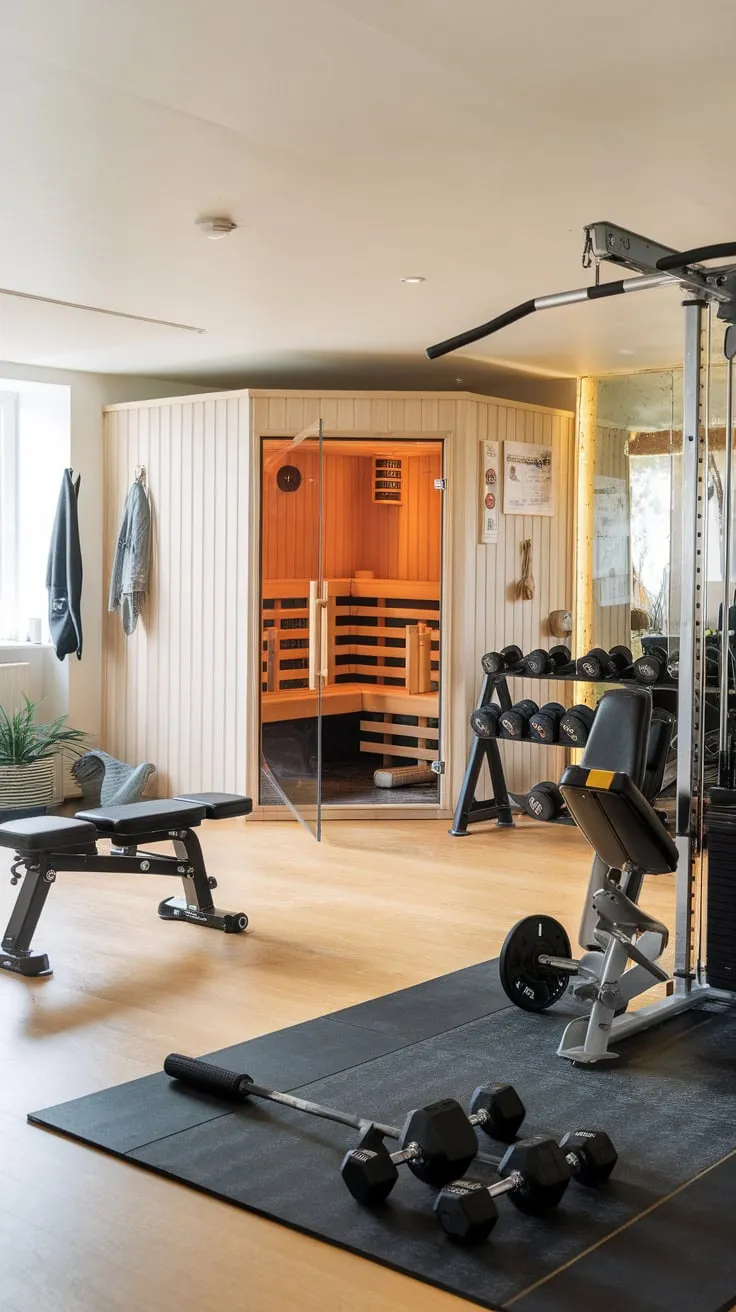 Sweat, sculpt, and then unwind in your own luxurious home gym and sauna sanctuary.