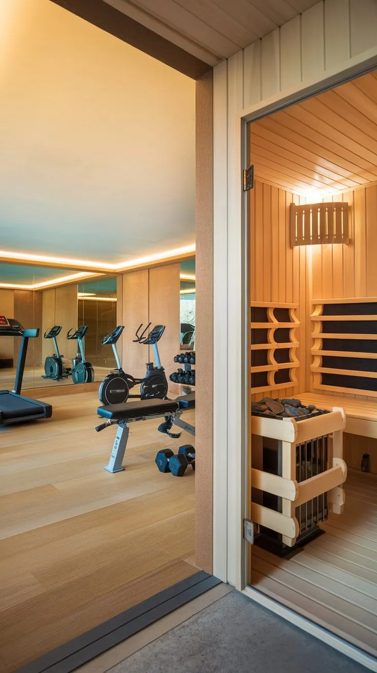 Indulge in ultimate fitness and relaxation with a luxurious home gym seamlessly integrated with a private sauna.