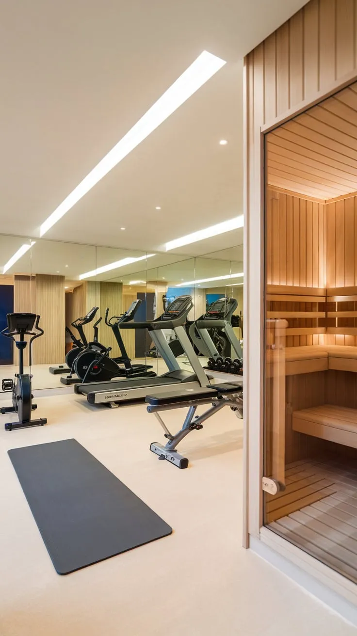 Upgrade your wellness routine with a luxurious home gym featuring top-of-the-line equipment and a rejuvenating sauna