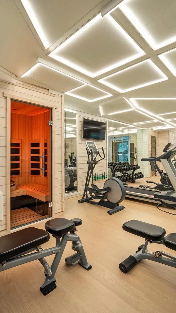 Achieve peak fitness and rejuvenation in your own private sanctuary—a stylish home gym seamlessly integrated with a rejuvenating sauna.