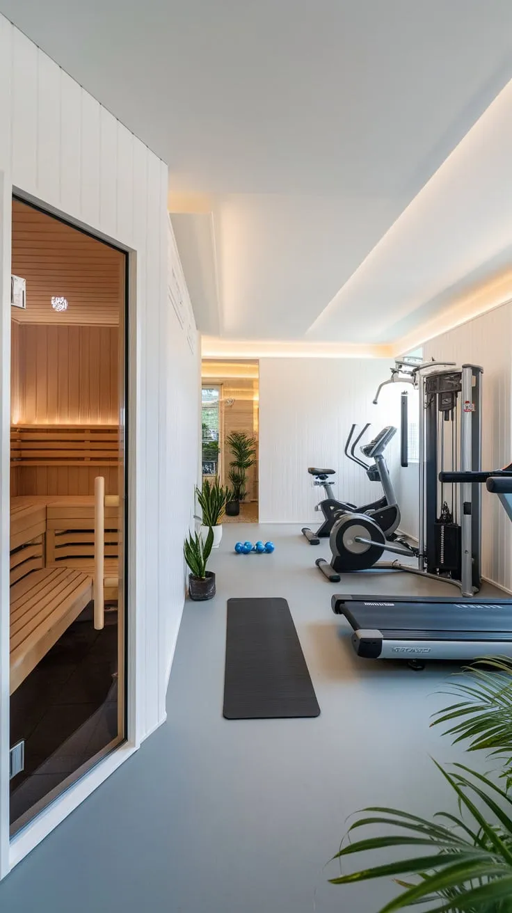Upgrade your wellness routine with a sleek home gym seamlessly integrated with a private sauna for the ultimate fitness and relaxation experience