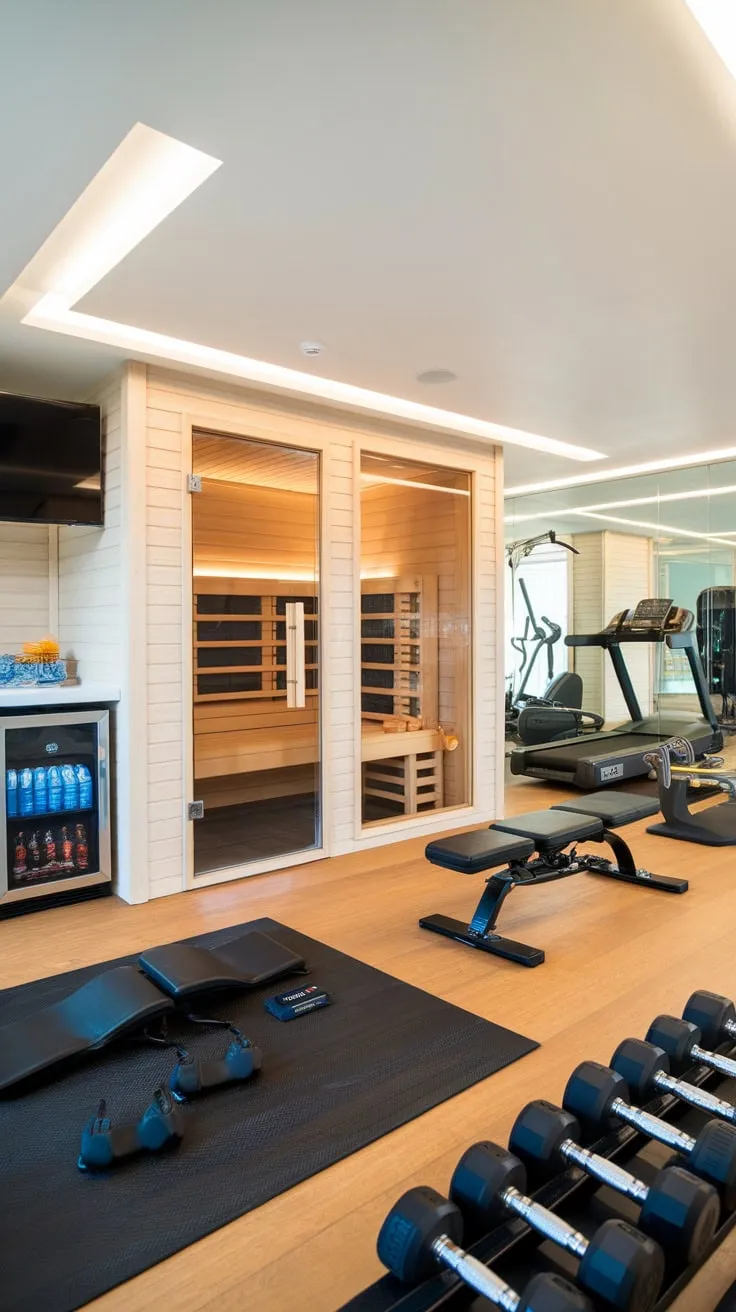 Upgrade your wellness routine with a luxurious home gym featuring a state-of-the-art workout area and a rejuvenating sauna