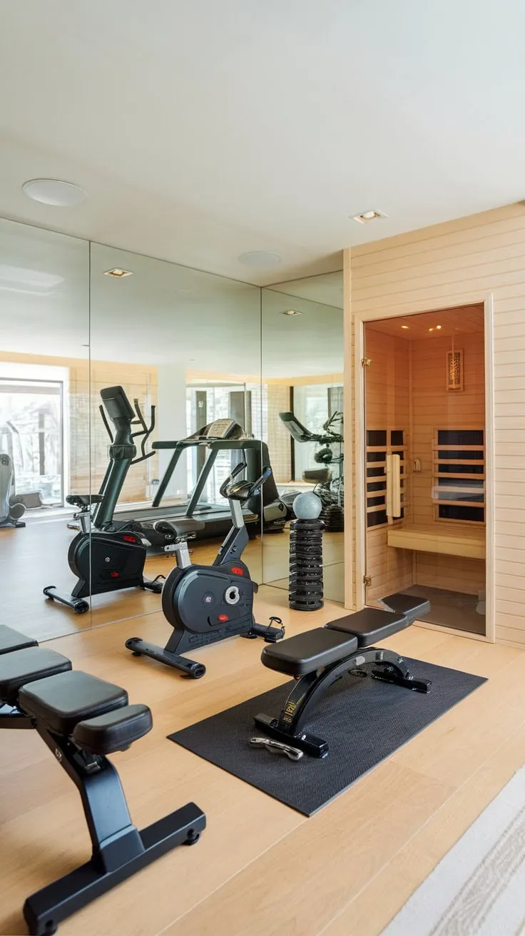 Transform your home into a wellness sanctuary combining a state-of-the-art gym and rejuvenating sauna experience.