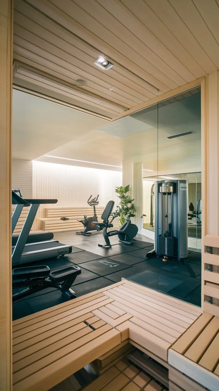 Transform your home into a premium fitness sanctuary combining a fully equipped gym and a relaxing sauna experience.