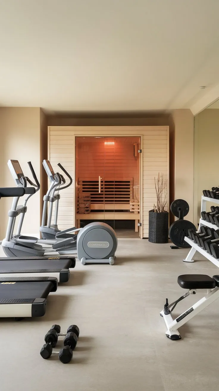 Escape to your personal oasis of fitness and relaxation with a home gym featuring state-of-the-art equipment and a rejuvenating sauna