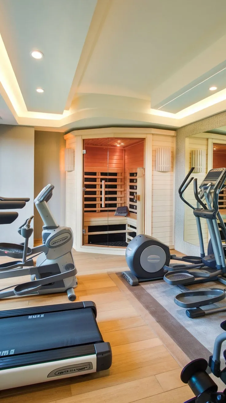 Escape to your own private oasis of fitness and relaxation with a luxurious home gym featuring a sauna, state-of-the-art equipment, and a serene design.