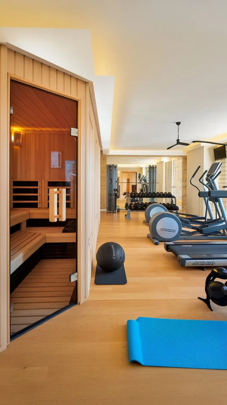 Upgrade your wellness routine with a luxurious home gym featuring a state-of-the-art sauna and top-tier equipment