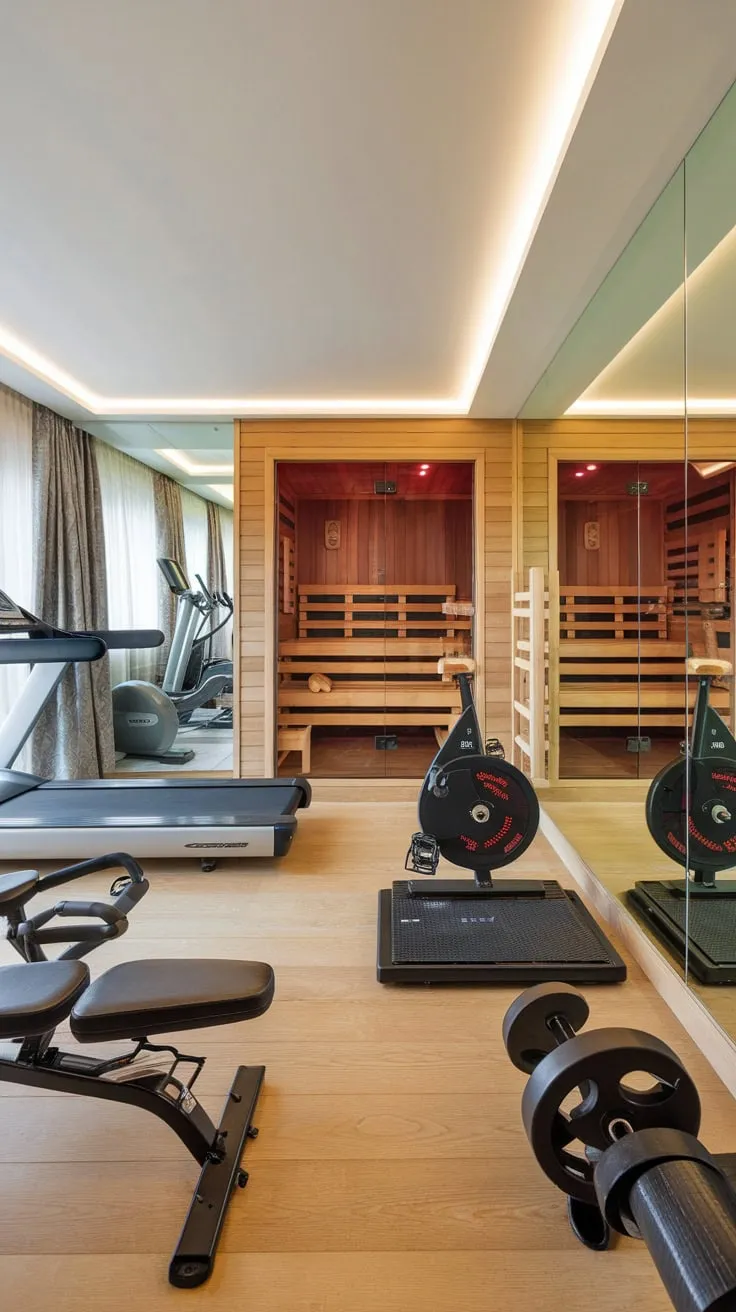 Indulge in ultimate fitness and relaxation with a luxurious home gym featuring a state-of-the-art workout area and a soothing wooden sauna