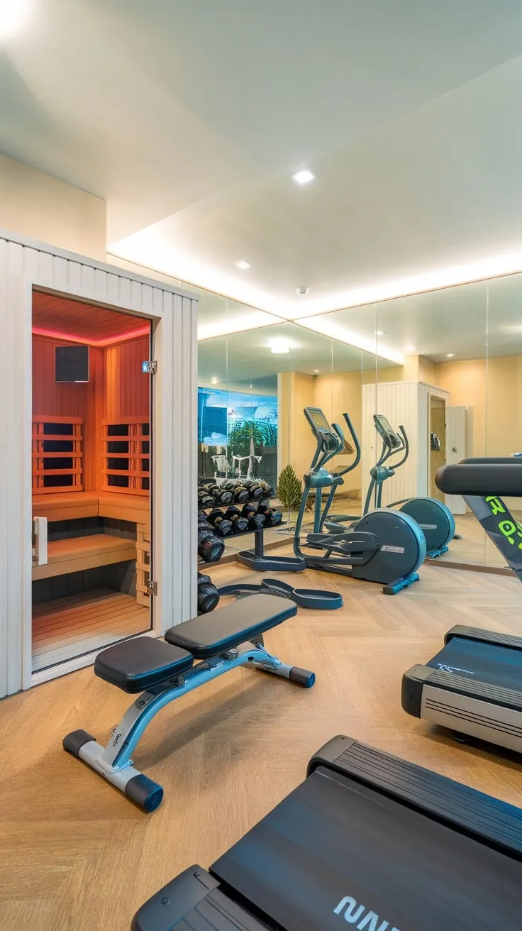 Indulge in a modern home gym seamlessly integrated with a private sauna for the ultimate fitness and relaxation experience