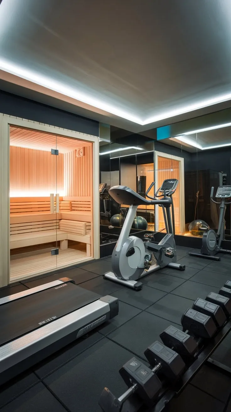 Indulge in ultimate fitness and relaxation with a luxurious home gym featuring sleek white equipment and a tranquil sauna retreat