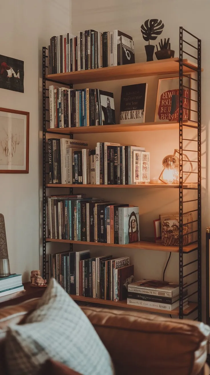 My happy place: a small home library nestled in the corner of my bedroom.  These book shelves, overflowing with beloved reads, transform a simple space into a library in a closet, a personal haven of enclosed bookshelves perfect for quiet evenings.  It's the perfect blend of small study library and cozy living room bookshelves.