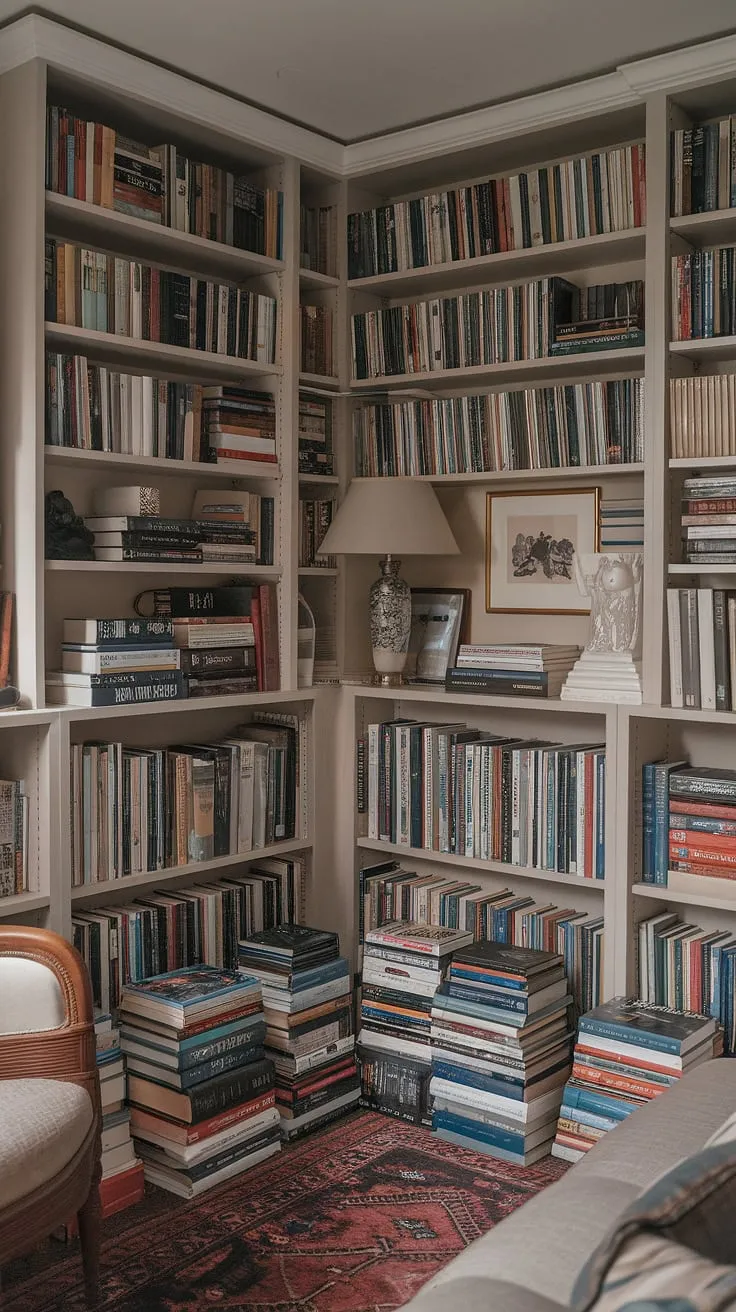 Escape the everyday in this cozy living room, where a small home library—a true home mini library—nestled within enclosed bookshelves, offers a quiet retreat.  The overflowing book shelves and cozy chair invite hours of blissful reading.