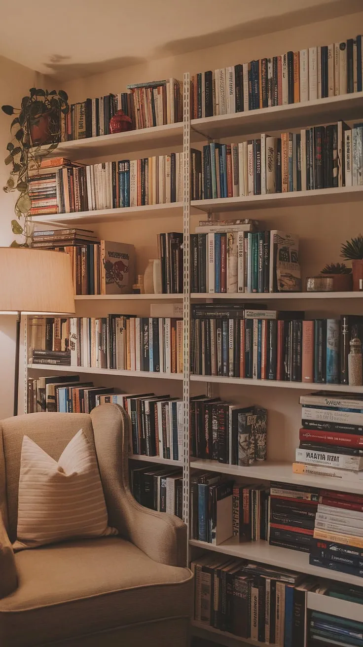 My little corner of literary bliss: a home mini library tucked away, perfect for quiet evenings.  These bedroom bookshelves, filled to the brim with beloved books, create the coziest small home library imaginable. The book shelves themselves are a work of art, showcasing my collection in this inviting space.