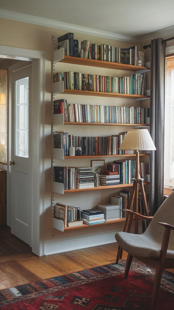 Escape the everyday in this cozy living room, where a small home library—or perhaps a home mini library tucked into a quiet corner—offers endless adventures.  Enclosed bookshelves overflowing with stories create a small study library perfect for quiet contemplation, a haven built around the simple joy of reading.