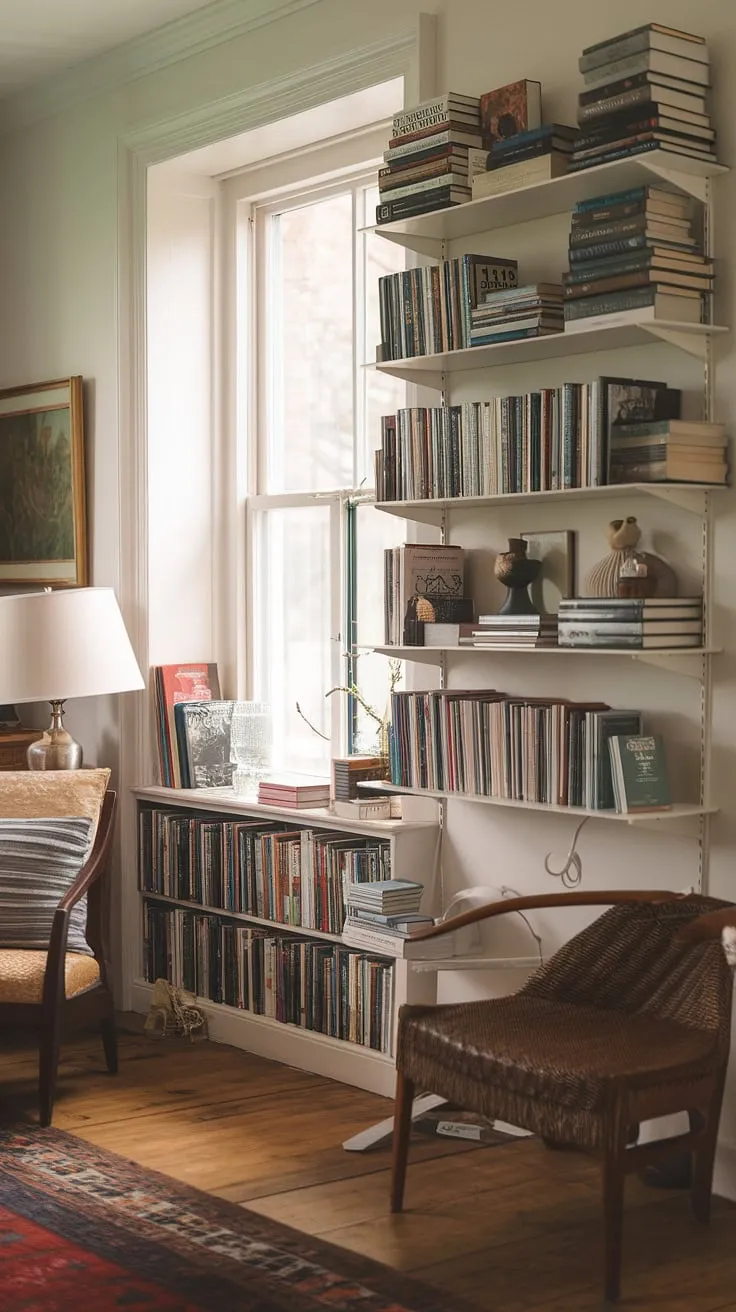 Escape the everyday in this cozy living room, where a small home library—a true home mini library—nestled within enclosed bookshelves near the window, offers a quiet retreat. The book shelves overflow with stories, inviting you to lose yourself in their pages.  A perfect small study library for quiet contemplation.