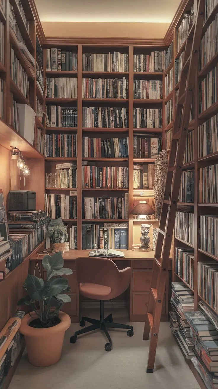 My small study library, a haven of calm amidst the chaos.  This library in closet, with its cozy living room bookshelves and bedroom bookshelves, is more than just a collection of books; it's a reflection of my soul. The ladder to the higher shelves adds to the charm of this home library, a perfect blend of function and beauty.