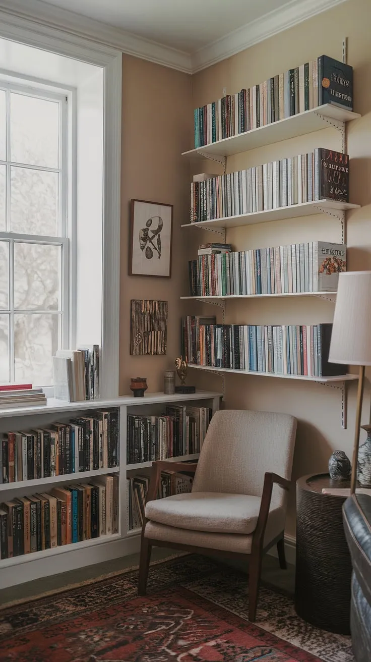 Escape the everyday in this cozy living room, transformed into a small home library.  Enclosed bookshelves, brimming with stories, create a haven for quiet contemplation; a perfect small study library nestled within the home.  The warm light and comfortable chair invite you to lose yourself in a good book.