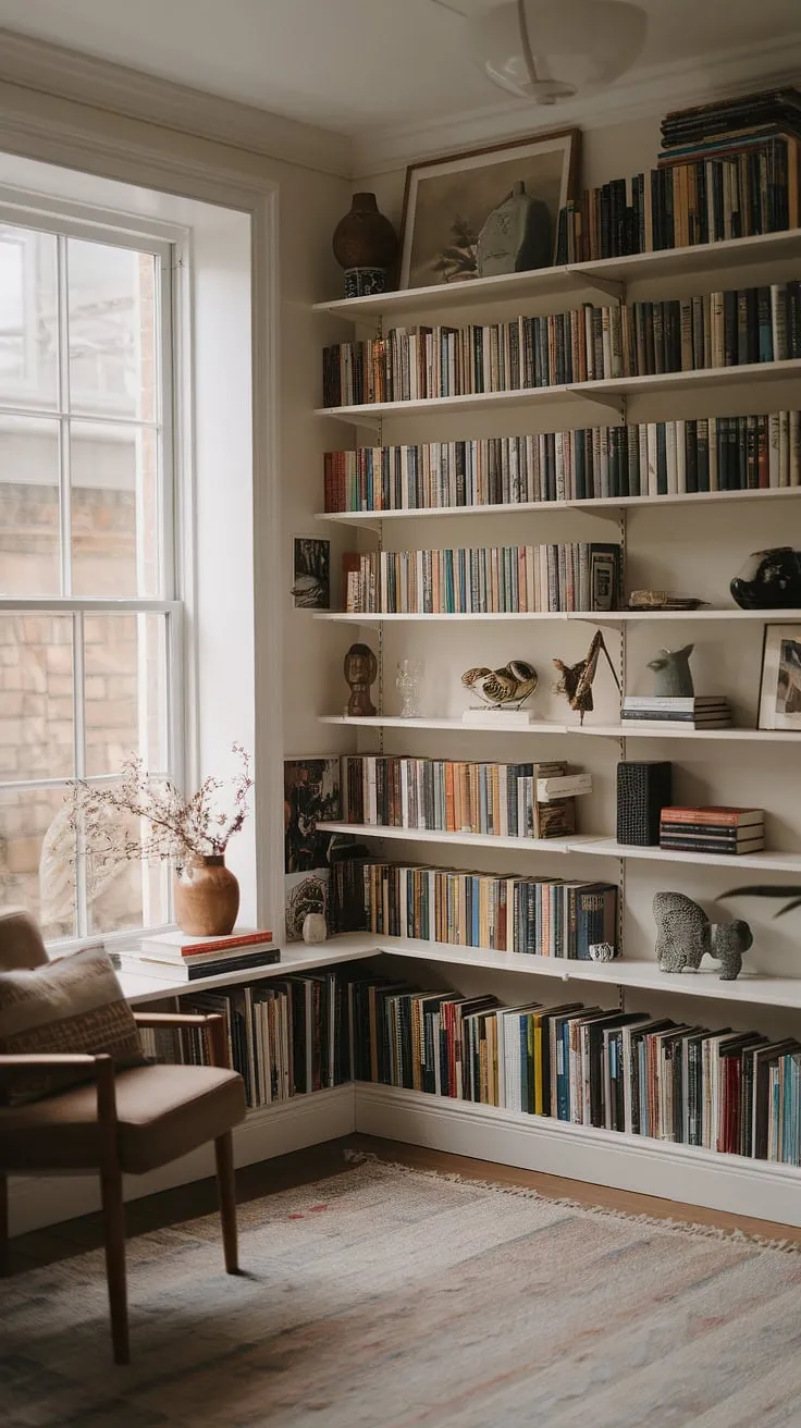 Sunlight streams into this cozy living room, illuminating the small home library nestled within.  Enclosed bookshelves, overflowing with stories, create a haven for quiet contemplation; a perfect small study library and home mini library all in one. The bedroom bookshelves feel like a secret escape, a library in a closet, filled with the promise of adventure.