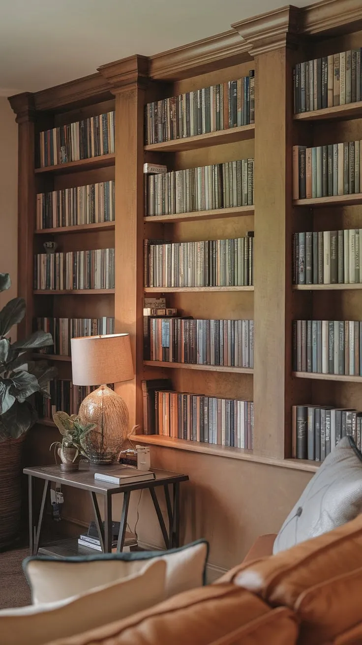 My little slice of heaven: a cozy living room bookshelves haven. This small home library, with its bedroom bookshelves and built-in, rustic charm, is the perfect spot to lose myself in a good book.  The enclosed bookshelves create a quiet sanctuary, a true home mini library, perfect for escaping the world.