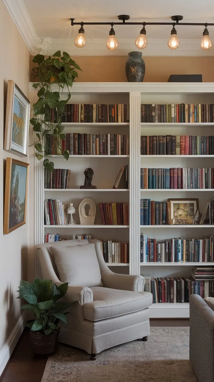 My little sanctuary: a small study library nestled within the bedroom bookshelves.  This home library, complete with cozy living room bookshelves and a library in closet feel, is my happy place.  The perfect spot to unwind and explore new worlds.