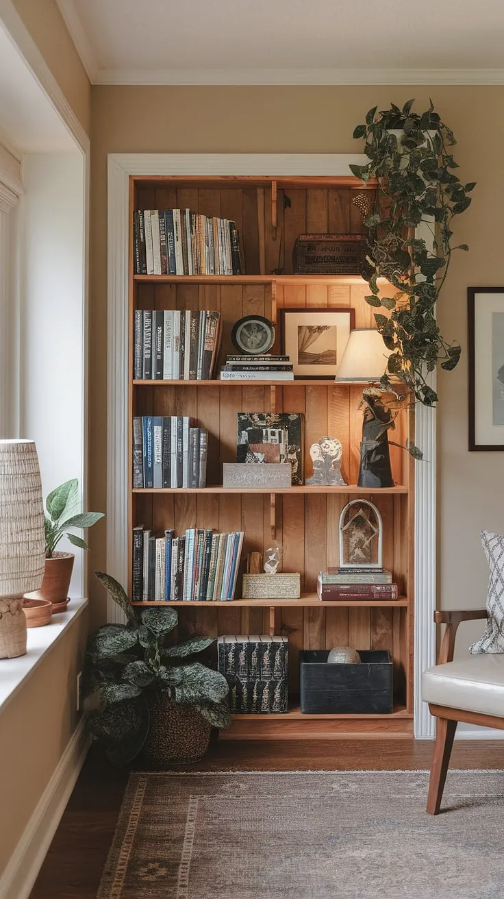 This cozy living room bookshelves unit, a charming library in closet design, creates a delightful small home library.  The enclosed bookshelves, brimming with books, a lamp, and a plant, invite you to lose yourself in a good read.  Ideal as bedroom bookshelves or a quiet corner in any room, this small study library is a space of pure comfort and inspiration.