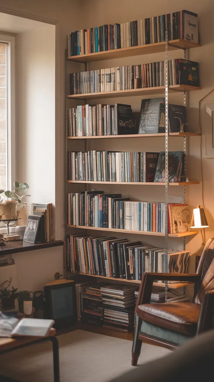 Sunlight streams through the window, illuminating my cozy living room bookshelves and the treasures within.  This bedroom bookshelves setup, a library in closet, is more than just storage; it's my sanctuary, a small home library overflowing with stories.