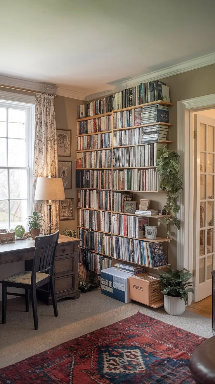Escape the everyday in this cozy living room, where a small home library—a haven of enclosed bookshelves overflowing with stories—invites quiet contemplation. The perfect small study library tucked away, complete with a desk for writing and a window seat for reading.