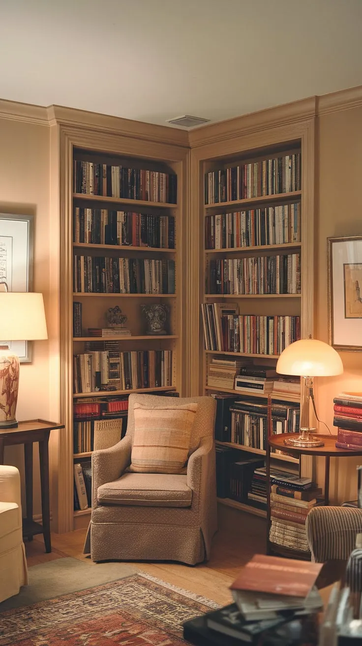 This library in closet, with its bedroom bookshelves and book shelves overflowing with stories, is my happy place.  A small home library, a home mini library, really, but it holds the world within its cozy living room bookshelves.