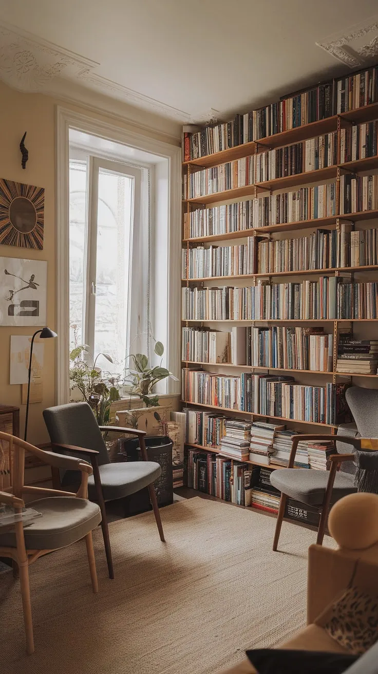 Escape the everyday in this cozy living room, where a small home library—a haven of enclosed bookshelves—invites quiet contemplation.  The home mini library, nestled near the window, offers a perfect spot to lose yourself in a good book, surrounded by the comforting glow of a reading lamp.  The cozy living room bookshelves, overflowing with stories, create a small study library perfect for quiet evenings.