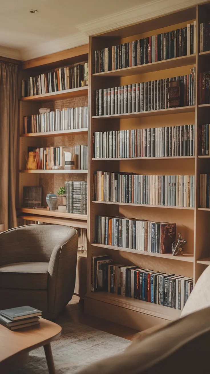 This small study library, nestled within cozy living room bookshelves, is a reader's dream.  The library in closet-style shelving maximizes space, creating a charming and efficient home library.  A perfect spot to curl up with a good book amongst the bedroom bookshelves.