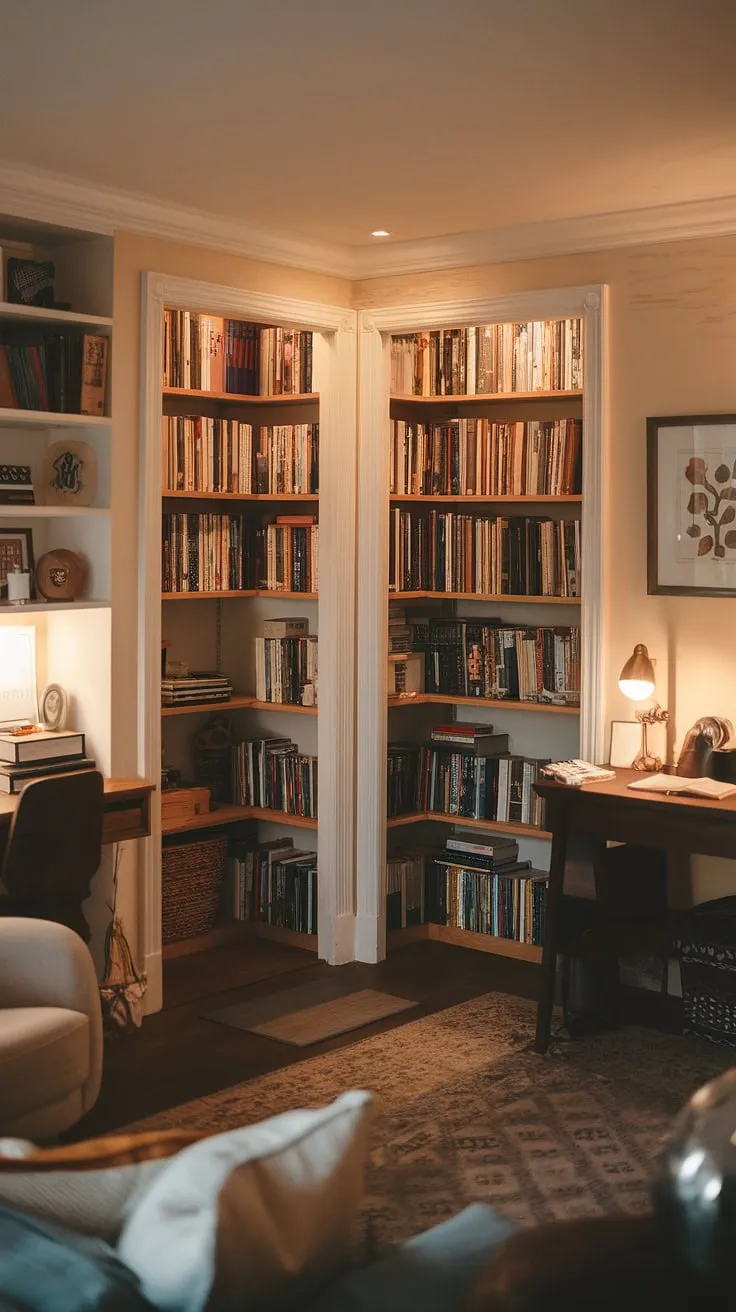 Maximize your productivity in this charming home office nook.  Clever small office ideas and home office storage solutions create a functional yet stylish small workspace solutions within a compact office design. The built-in desk area and flexible office space make it perfect as a bedroom office or home study nook, even in a tiny office setup.