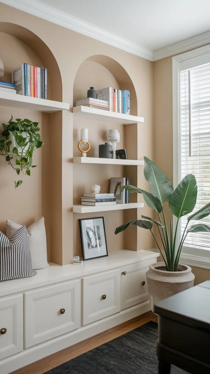A well-lit beige home office wall features bookshelves, a potted plant, and a dark rug creating a professional yet inviting backdrop