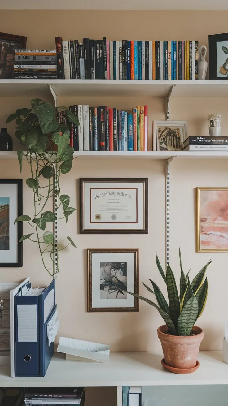 Soft lighting illuminates a home office wall featuring books, a plant, and professional credentials for a sophisticated backdrop.