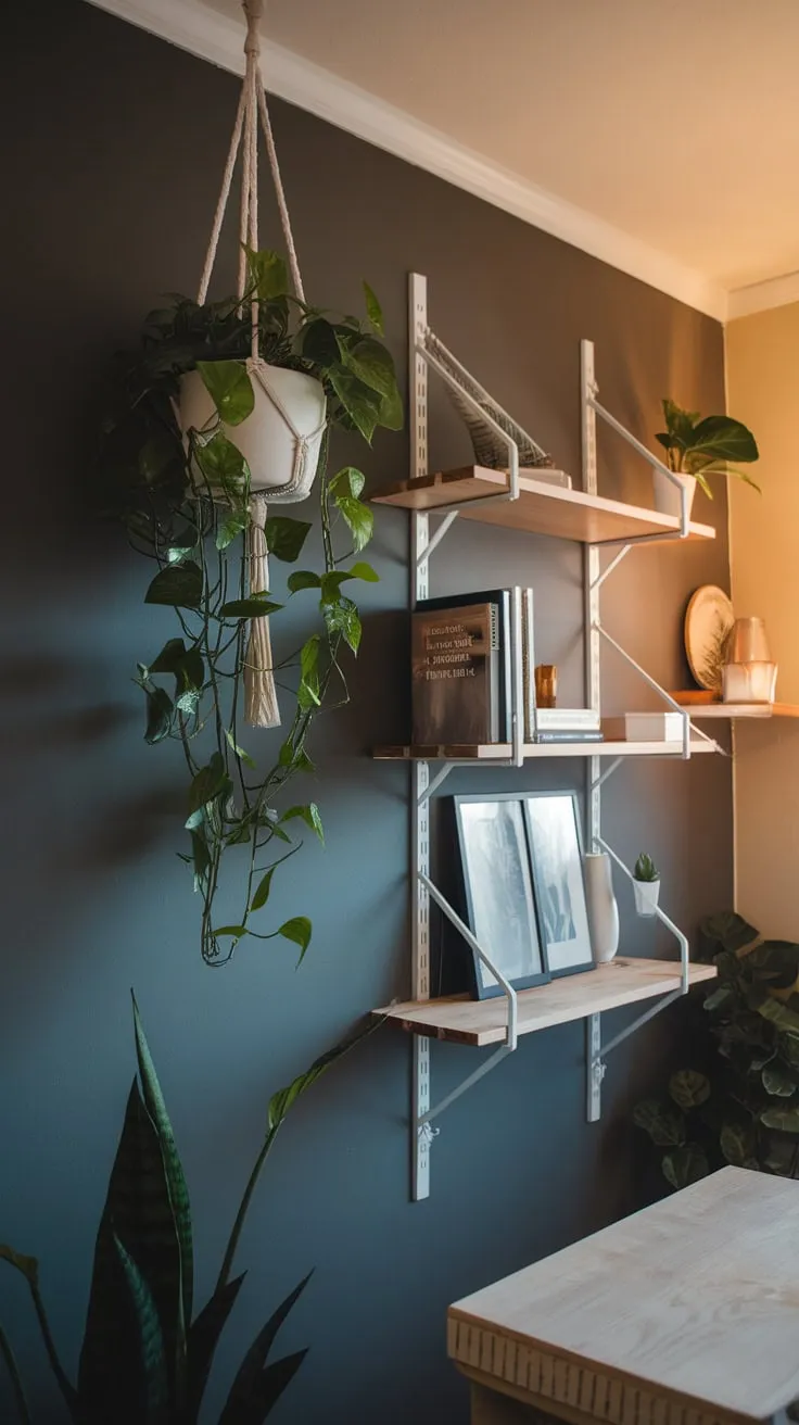 Warm lighting and strategically placed plants enhance the professional aesthetic of a dark gray home office wall featuring white wooden shelves.