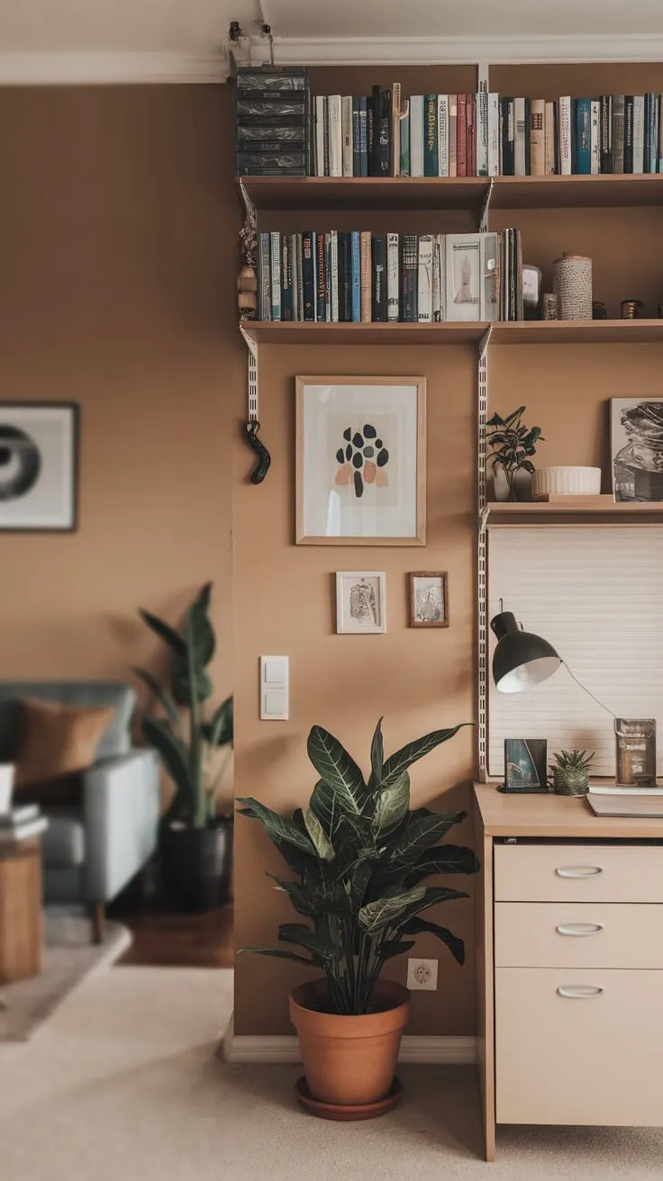 Blurred living room views complement a professional home office wall showcasing books, supplies, a plant, and tasteful décor for a warm ambiance.
