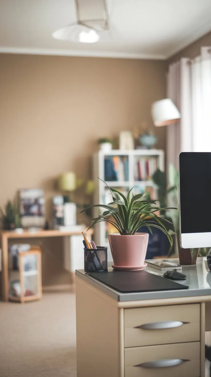 A calming beige home office wall subtly showcases a workspace, blurred bookshelf, and soft lighting.