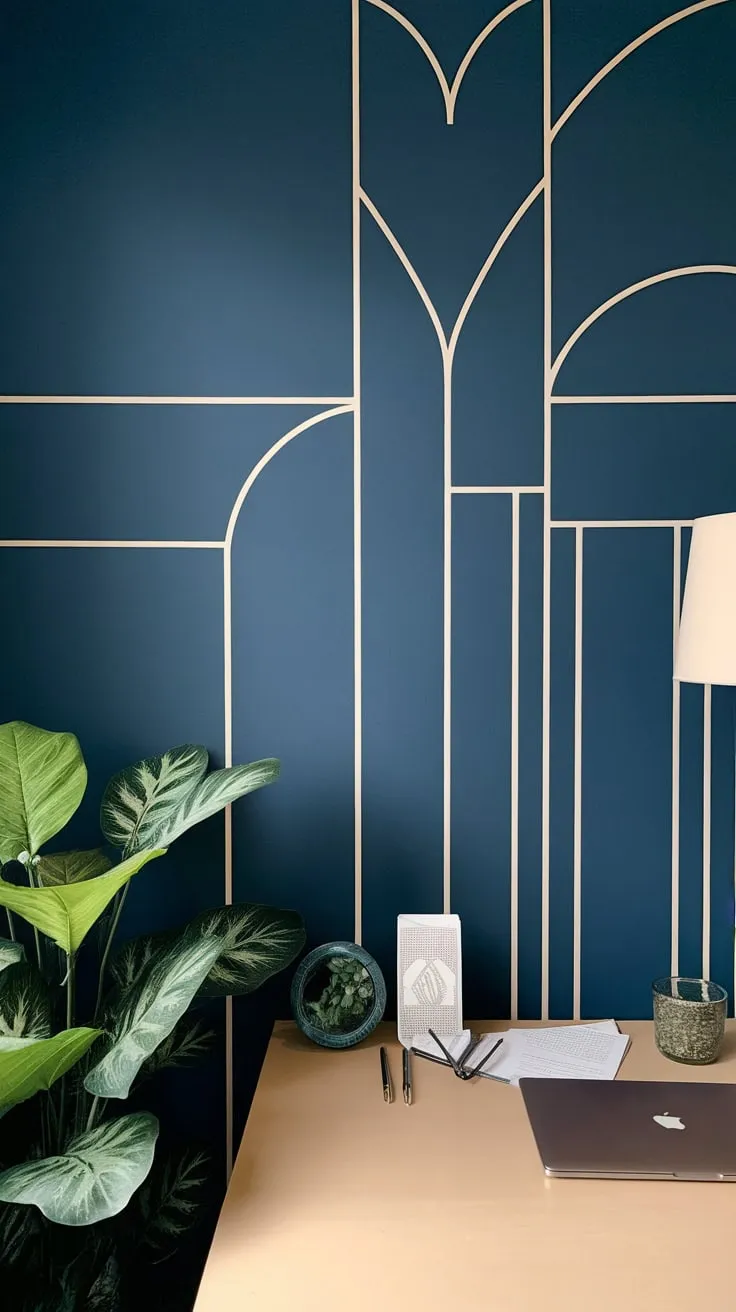 Modern geometric shapes on a dark blue home office wall, complemented by a plant, provide a sophisticated virtual background aesthetic.