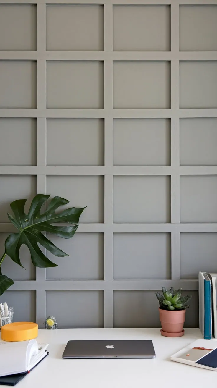 A professional home office aesthetic is achieved with a light gray background wall featuring understated dark gray geometric accents.