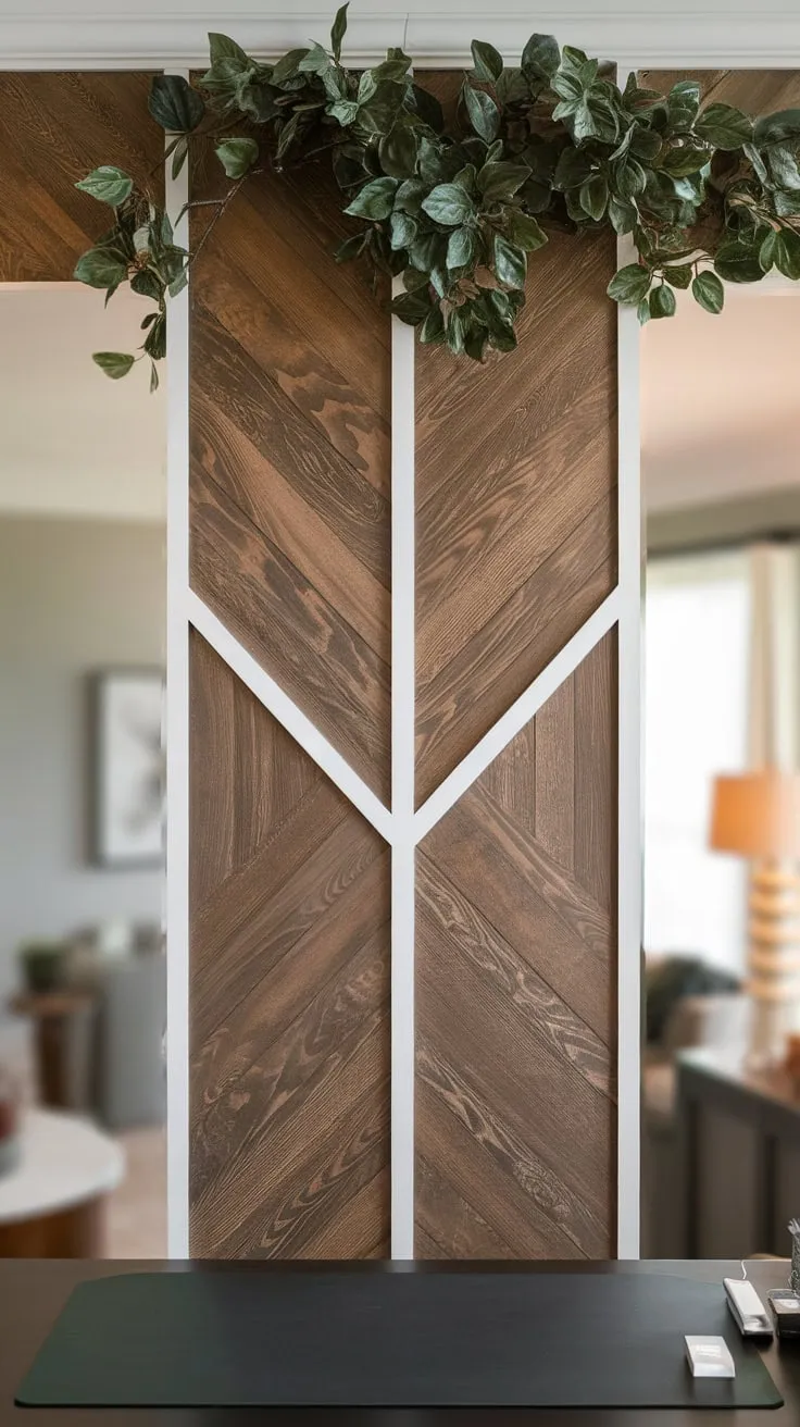 Professional aesthetic meets natural charm in this home office, its wood-paneled wall a striking backdrop to a glimpse of comfortable living.