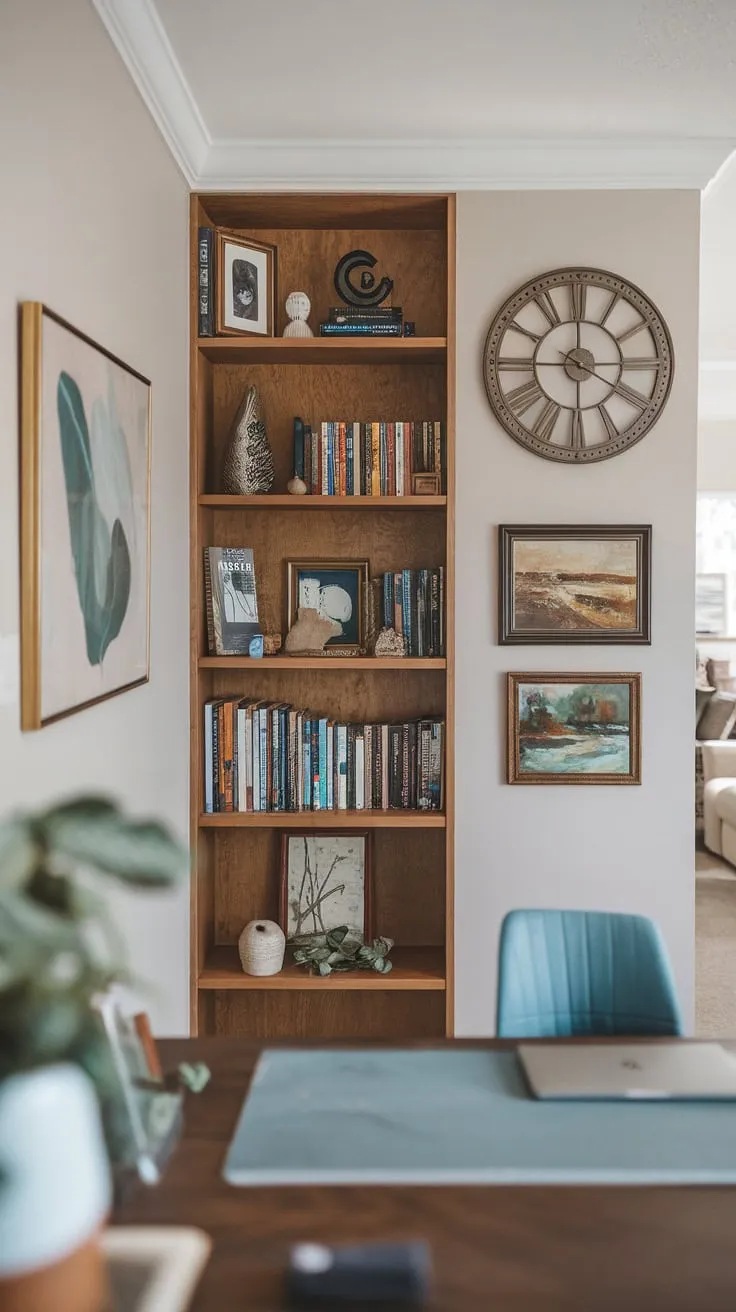 A professional home office boasts a wooden bookshelf, decorative clock, and artwork against a blurred living room backdrop, creating a visually appealing workspace.