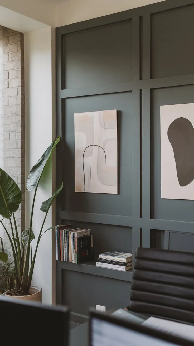 Soft lighting illuminates a calming home office space where a dark gray wall, abstract art, and a potted plant create a professional yet inviting atmosphere.