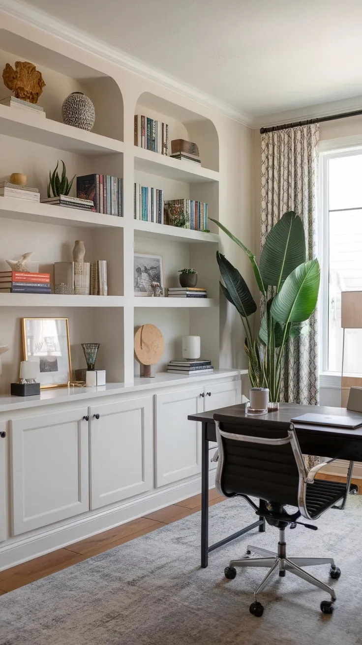 Elevate your home office with a stylish backdrop featuring built-in shelving, natural light, and a meticulously arranged workspace.