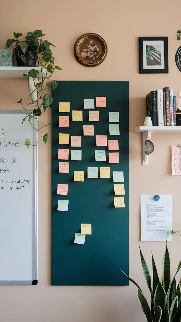 A dark green board adorned with notes, a whiteboard, and tasteful decor creates a professional and formal home office backdrop