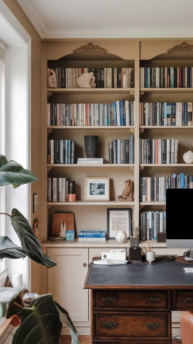 A beige-walled home office features a book-filled bookshelf, a large plant, and a wooden desk creating a calming and productive workspace